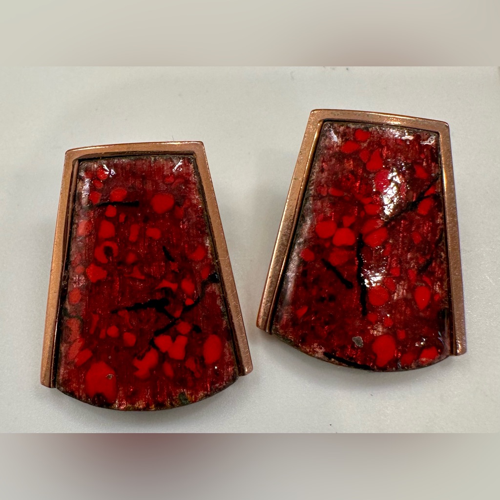 Vtg Matisse Renoir, Red Enamel Copper-Edged Modernist Clip-On Earrings Euc +2prs